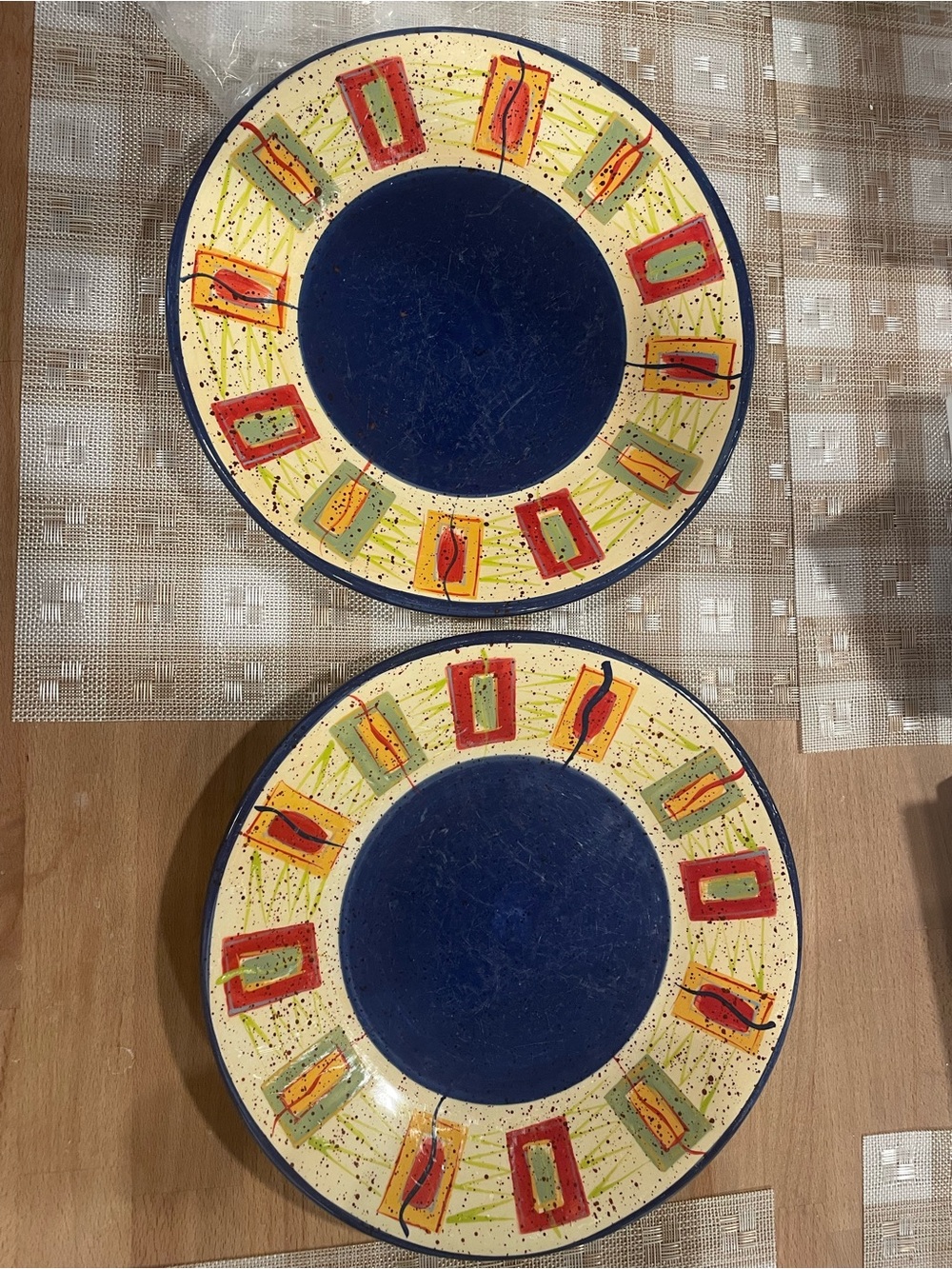 Pfaltzgraff Blue Center Stoneware Dinner Plates with Multicolor Rim — Set of 2